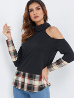 Wholesale High Neck Cold Shoulder Grid Long Sleeve Black T-Shirts