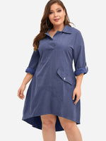 Wholesale Classic Collar Plain Side Pockets Long Sleeve High-Low Hem Plus Size Dress