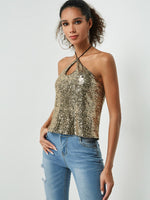 Wholesale Halter Cut Out Sequins Embellished Sleeveless Gold Camis