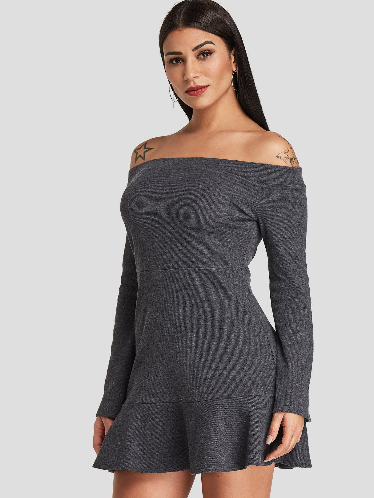 NEW FEELING Womens Grey Off The Shoulder Dresses