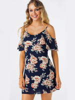 Wholesale Navy Cold Shoulder Sleeveless Floral Print Spaghetti Strap Dresses