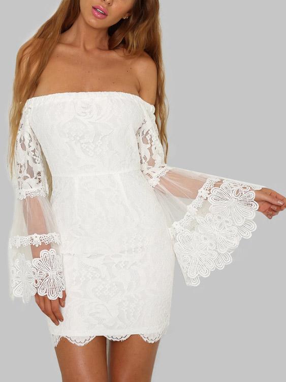 Wholesale White Off The Shoulder Plain Lace Tiered Zip Back Dresses