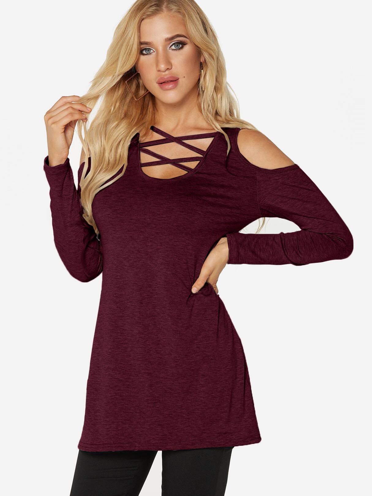 Wholesale Cold Shoulder Plain Cut Out Long Sleeve Burgundy T-Shirts