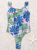 Wholesale Scoop Neck Sleeveless Floral Print Backless Ruffle Trim One-Pieces