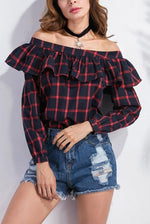 Wholesale Off The Shoulder Grid Long Sleeve T-Shirts