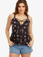 Wholesale V-Neck Floral Print Calico Criss-Cross Sleeveless Black Plus Size Tops