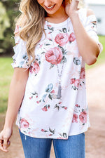 Wholesale Round Neck Floral Print Cut Out Short Sleeve White T-Shirts