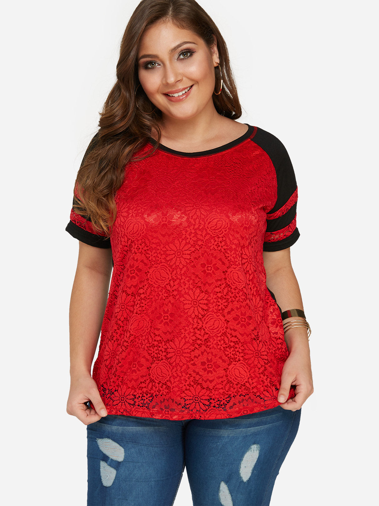 Wholesale Scoop Neck Floral Print Lace Short Sleeve Plus Size Tops