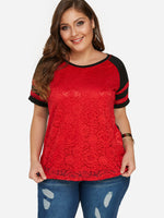 Wholesale Scoop Neck Floral Print Lace Short Sleeve Plus Size Tops