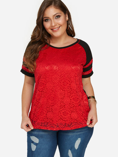 Wholesale Scoop Neck Floral Print Lace Short Sleeve Plus Size Tops