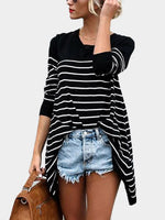 Wholesale Stripe Long Sleeve Irregular Hem Black T-Shirts