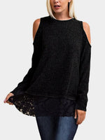 Wholesale Round Neck Cold Shoulder Lace Long Sleeve Black T-Shirts