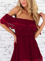 Wholesale Burgundy Off The Shoulder Short Sleeve Lace Mini Dress