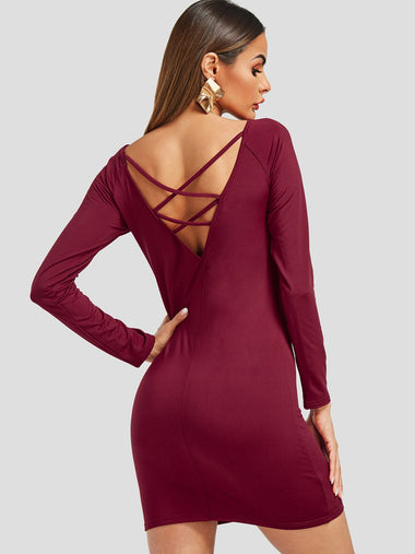 Wholesale Burgundy Off The Shoulder Long Sleeve Plain Backless Lace-Up Dresses