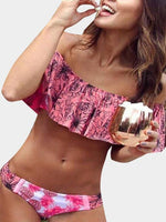 Wholesale Off The Shoulder Floral Print Tiered Bikinis