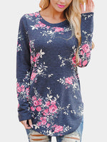 Wholesale Round Neck Floral Print Long Sleeve Curved Hem Grey T-Shirts