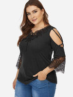 Wholesale V-Neck Cold Shoulder Crochet Lace Embellished Hollow 3/4 Sleeve Irregular Hem Plus Size Tops