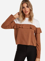 Wholesale Round Neck Long Sleeve Flounced Hem Coffee T-Shirts