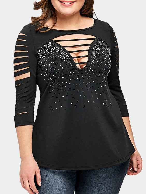 Wholesale Scoop Neck Hollow Sequins Embellished 3/4 Sleeve Curved Hem Black Plus Size Tops