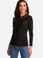 Wholesale Round Neck Plain Crochet Lace Embellished Hollow Long Sleeve Black T-Shirts