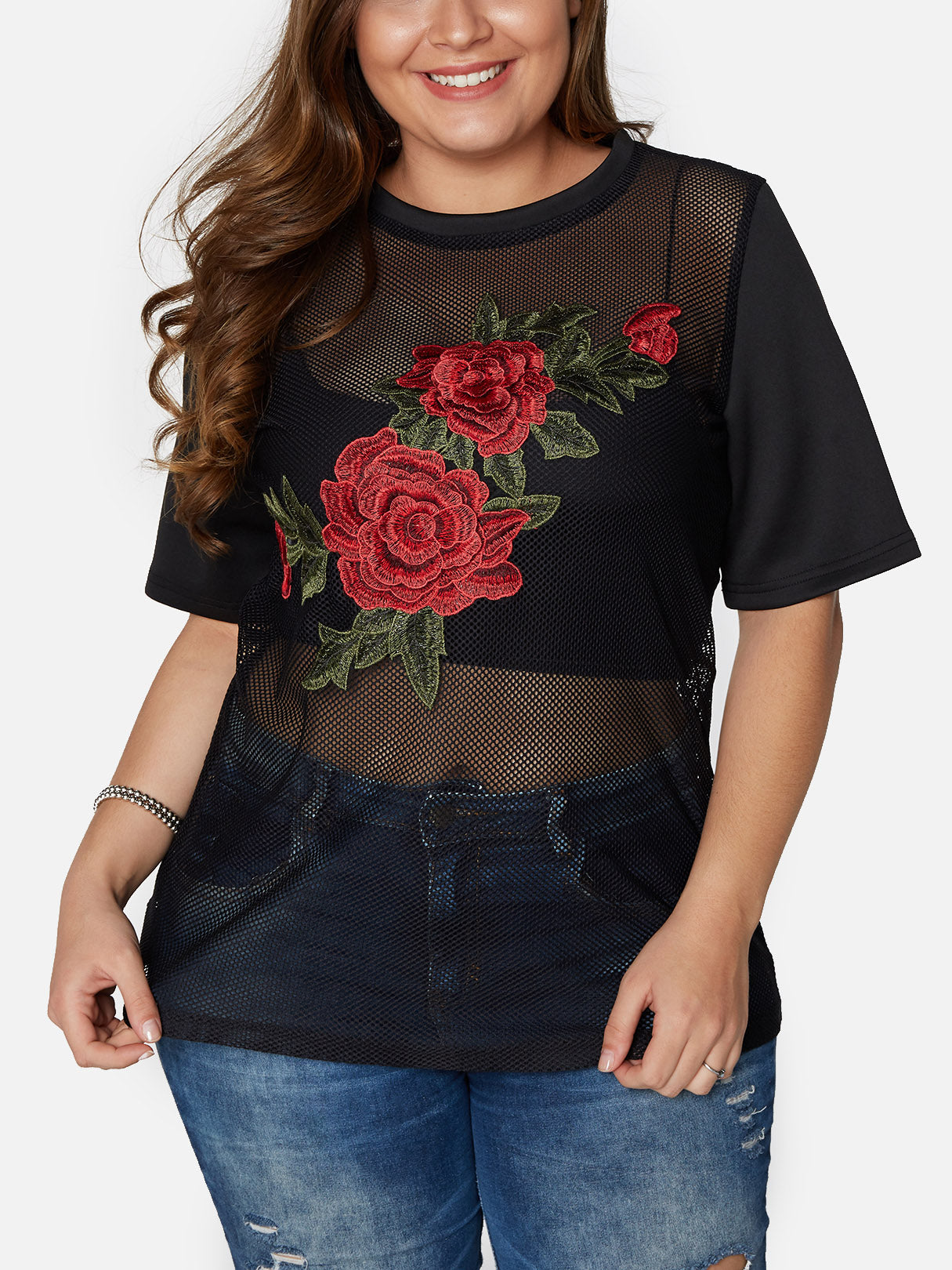 Wholesale Round Neck Embroidered Hollow Half Sleeve Black Plus Size Tops
