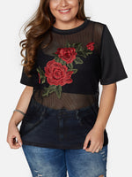 Wholesale Round Neck Embroidered Hollow Half Sleeve Black Plus Size Tops