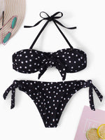 Wholesale Black Halter Sleeveless Polka Dot Backless Tie-Up Bikinis