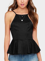 Wholesale Crew Neck Cold Shoulder Backless Sleeveless Irregular Ruffle Hem Black Camis