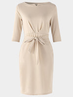 Wholesale Beige Round Neck Half Sleeve Lace-Up Midi Dress