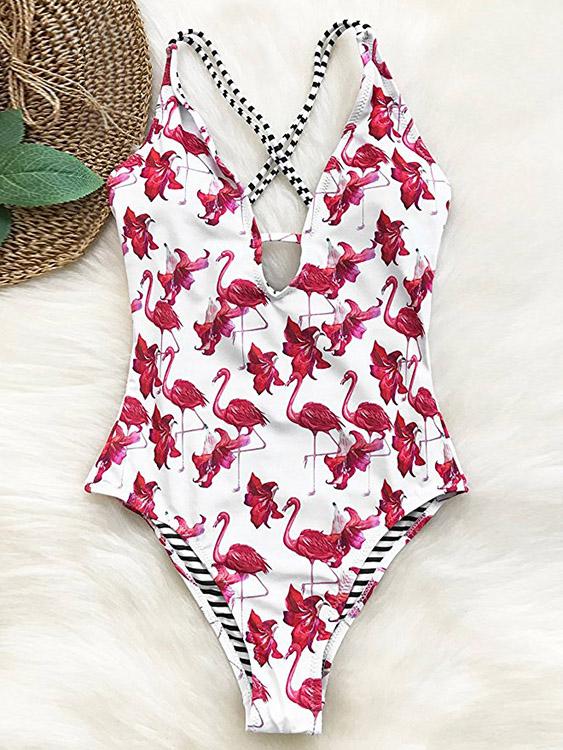 Wholesale White V-Neck Sleeveless Floral Print Backless One-Pieces