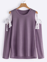 Wholesale Round Neck Cold Shoulder Lace-Up Long Sleeve Purple T-Shirts