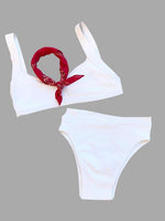 Wholesale White Scoop Neck Sleeveless Backless High-Waisted Two Piece Bikinis