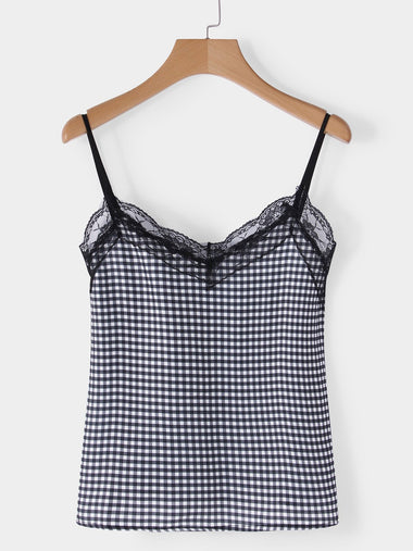 Wholesale V-Neck Grid Lace Backless Spaghetti Strap Sleeveless Curved Hem Black Camis