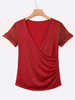 Wholesale Deep V-Neck Lace Short Sleeve Bodycon Hem Red T-Shirts