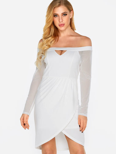 Wholesale White Off The Shoulder Long Sleeve Plain Crossed Front Hollow Pleated Wrap Irregular Hem Dresses