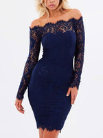Wholesale Navy Off The Shoulder Long Sleeve Lace Zip Back Dresses
