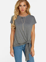 Wholesale Round Neck Plain Lace-Up Pleated Short Sleeve Irregular Hem Grey T-Shirts