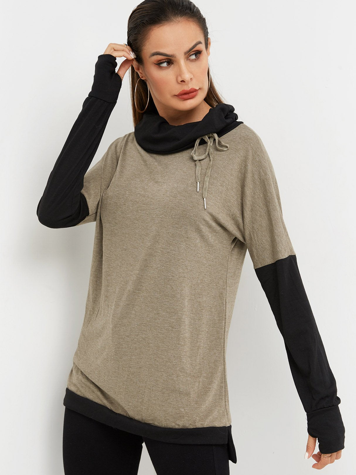 Wholesale Chimney Collar Plain Long Sleeve Khaki T-Shirts