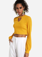 Wholesale Crew Neck Plain Hollow Long Sleeve Yellow T-Shirts