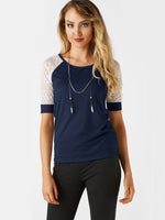 Wholesale Round Neck Lace Hollow Short Sleeve Navy T-Shirts