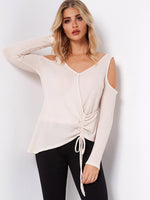 Wholesale V-Neck Lace-Up Pleated Long Sleeve Beige T-Shirts