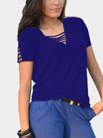 Wholesale V-Neck Cut Out Short Sleeve Navy T-Shirts