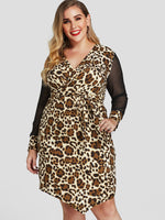 Wholesale V-Neck Leopard Self-Tie Wrap Long Sleeve Handkerchief Hem Plus Size Dress