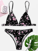 Wholesale V-Neck Floral Print Black Bikinis