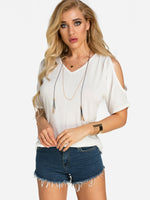 Wholesale V-Neck Cold Shoulder Plain Pleated Half Sleeve White T-Shirts