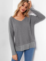 Wholesale V-Neck Stitching Long Sleeve Grey T-Shirts