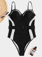 Wholesale Stripe Belt Sleeveless High-Waisted Black One-Pieces