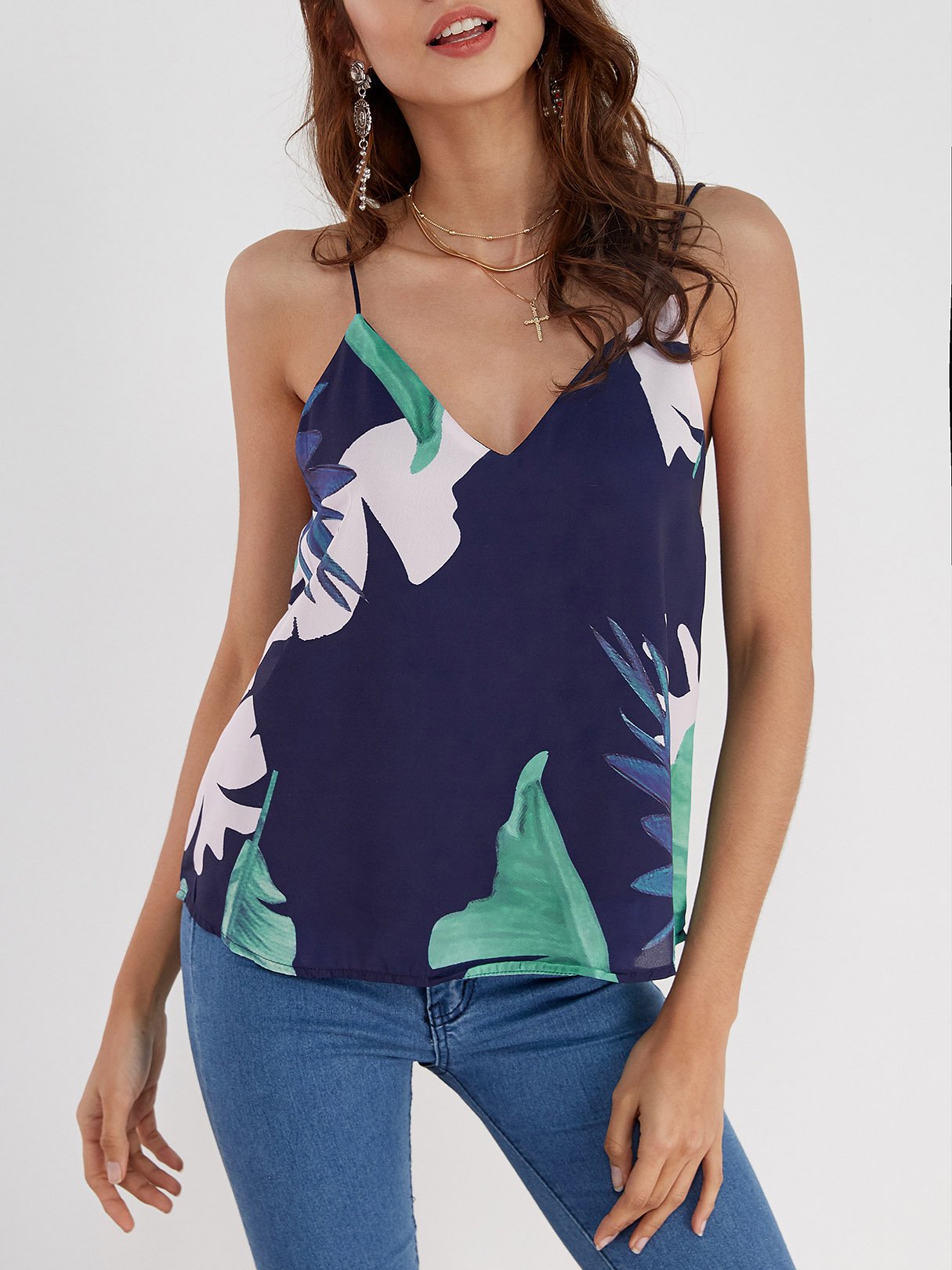 Wholesale V-Neck Geometrical Sleeveless Navy Camis