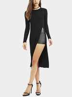 Wholesale Crew Neck Long Sleeve Slit Hem Black Top