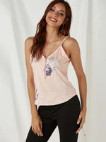 Wholesale V-Neck Floral Print Zip Back Spaghetti Strap Sleeveless Pink Camis